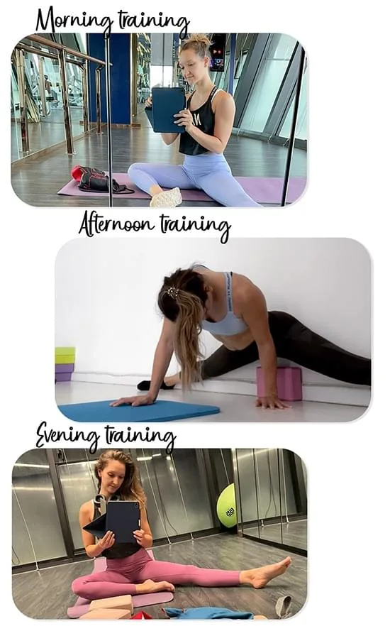 Three images showing different training sessions: Morning training with Hanna holding a tablet in a yoga studio, Afternoon training with Hanna doing a deep stretch using yoga blocks, and Evening training with Hanna sitting on the floor holding a tablet, surrounded by yoga props.