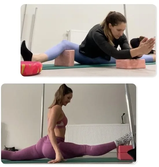 Two images of a woman practicing stretches with yoga blocks. In the top image, she is performing a forward fold with her legs bent, using yoga blocks for support. In the bottom image, she is doing a split stretch with one leg elevated on a yoga block for increased flexibility.