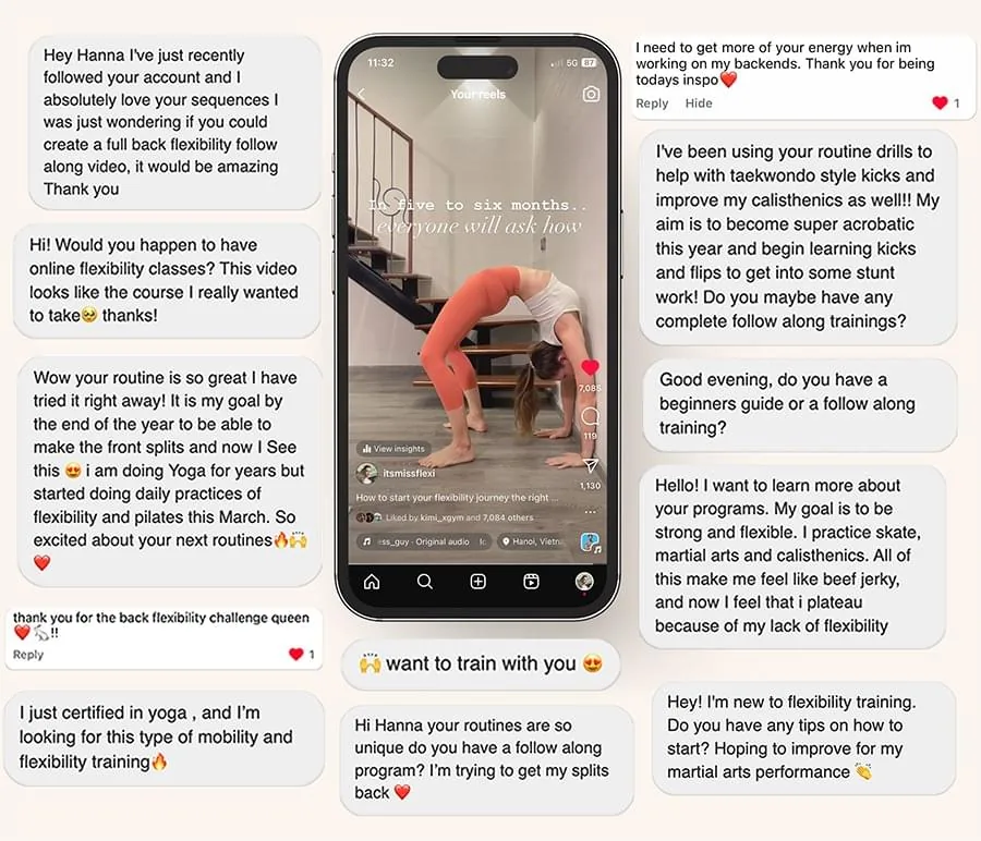 Screenshot showing Instagram messages from followers expressing interest in Hanna's flexibility routines. The messages include requests for follow-along flexibility programs, appreciation for her routines, and personal goals related to flexibility, including martial arts and yoga improvements. The image also features Hanna performing a flexibility exercise in a video reel displayed on a mobile phone.