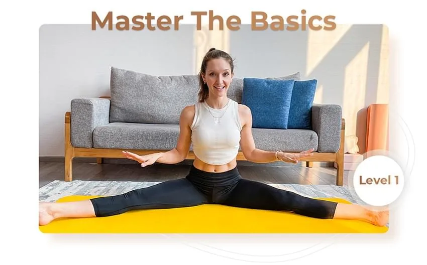 Master the Basics with Hanna Pliasetski from Circus Stretching, demonstrating a Level 1 straddle stretch.
