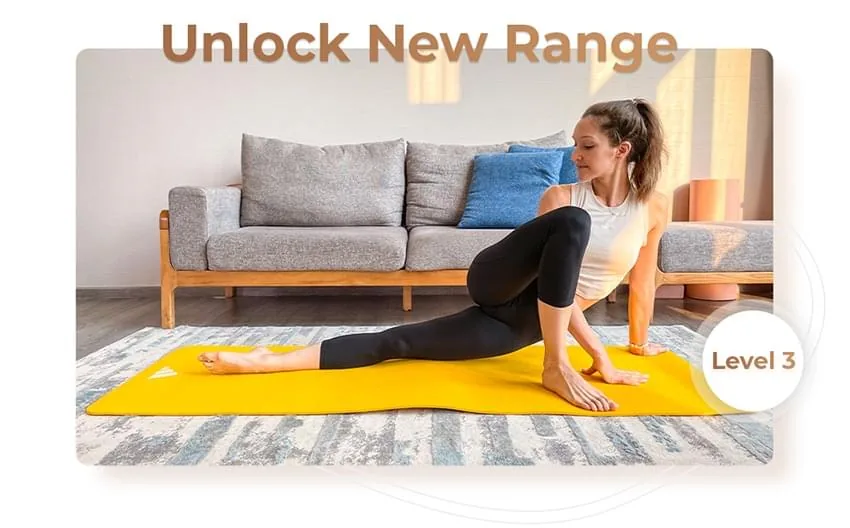 Unlock New Range - Hanna demonstrating a deep stretching exercise on a yellow mat, in a cozy living room setting for Level 3 of Circus Stretching
