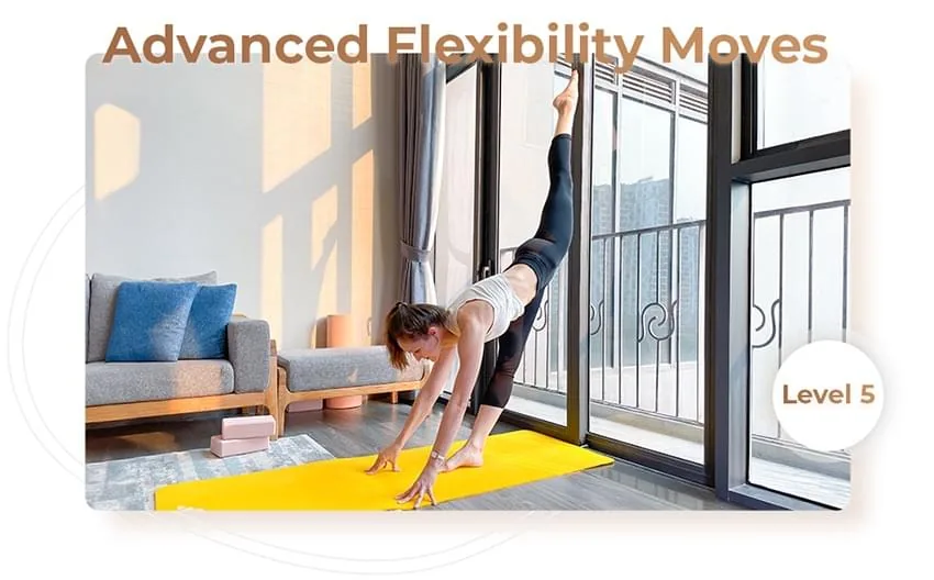 Advanced Flexibility Moves - Hanna demonstrating a challenging standing split against a glass window, on a yellow mat, for Level 5 of Circus Stretching.