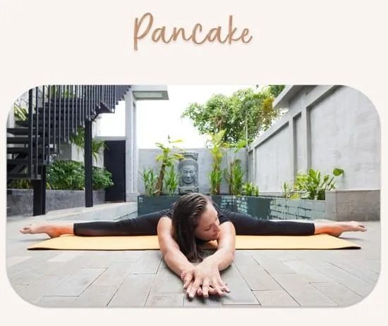 Hanna demonstrating the pancake stretch on a yoga mat in an outdoor setting, showcasing flexibility as part of the Circus Stretching program.