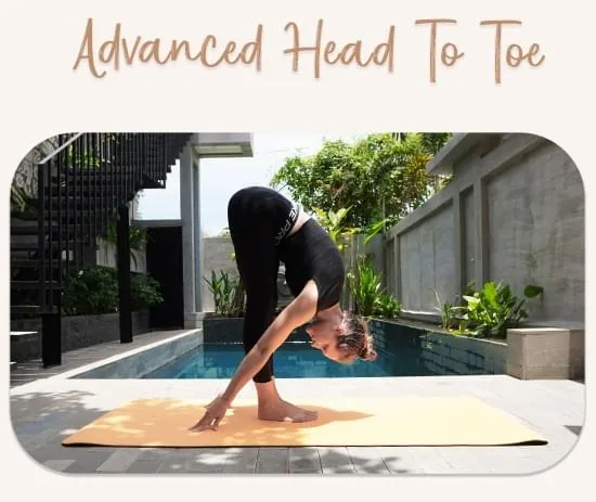 Hanna demonstrating the advanced head-to-toe stretch on a yoga mat in an outdoor setting, showcasing flexibility as part of the Circus Stretching program