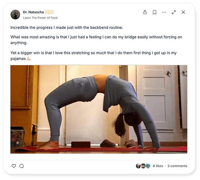Woman sharing progress in flexibility program, showcasing stretches and splits in multiple photos