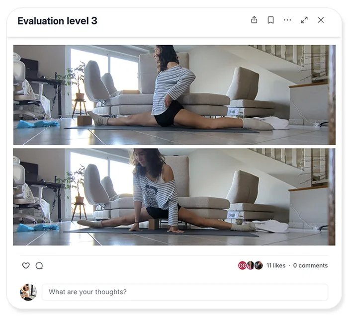 Person celebrating progress in flexibility, performing a split in a home setting