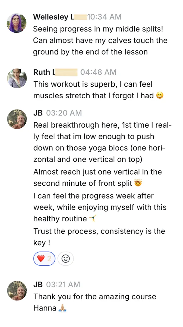 Tiffany sharing her experience about achieving side splits with Circus Stretching.