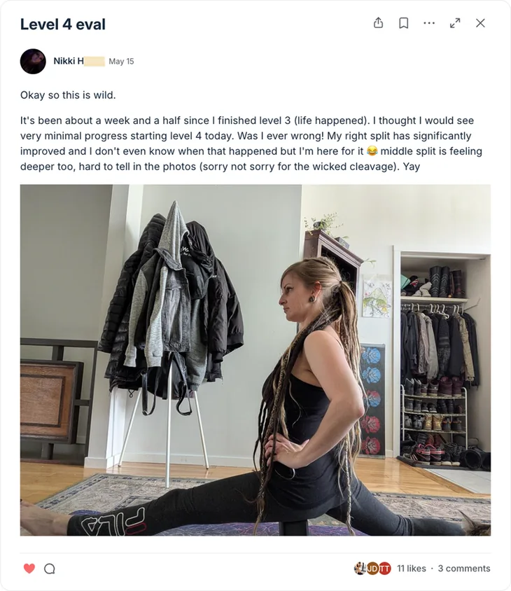 Nikki — Level 4 eval: my right split has significantly improved
